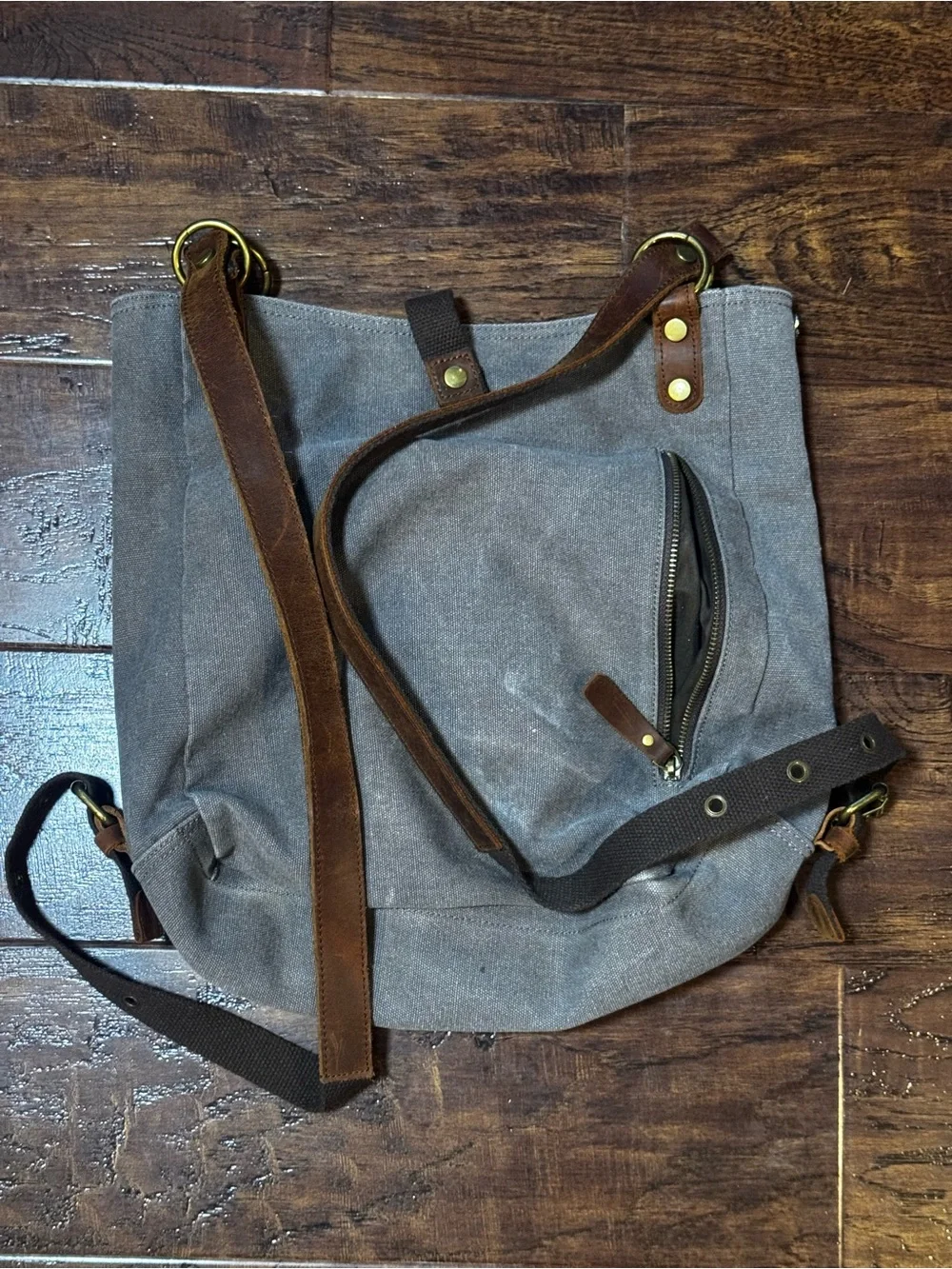 Hanalily Convertible Backpack Grey Canvas Leather Straps